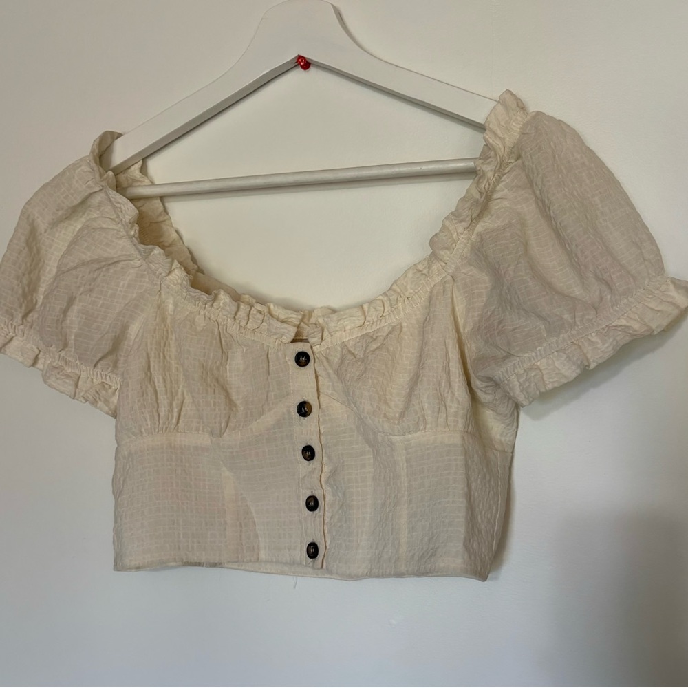 Boho Cream Puff Sleeve Button-Up Top